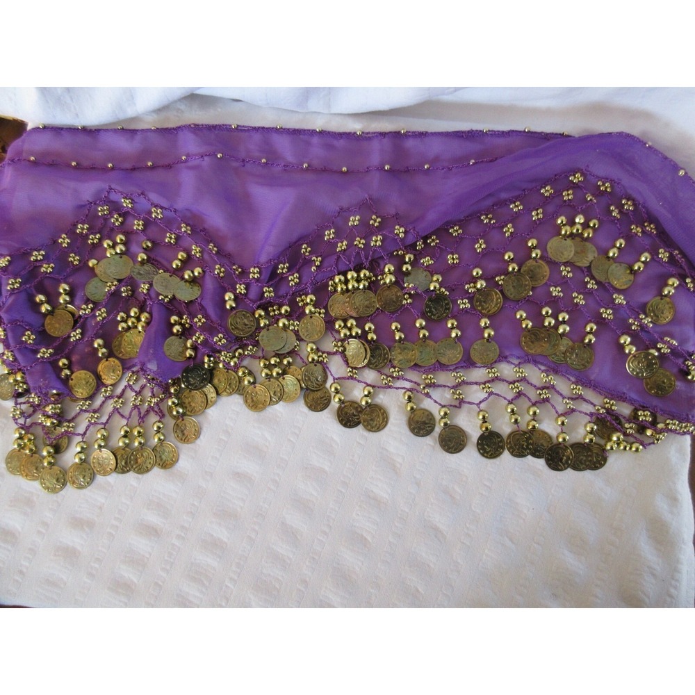 Belly Dance Hip Skirt Scarf Wrap Belt Gold Coins Dancing Costume Purple